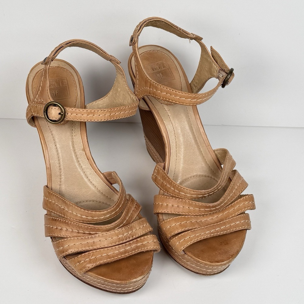 Frye Corrina Stitch Tan Leather Platform Wedge Heel Shoes Strappy Sandal Women 9